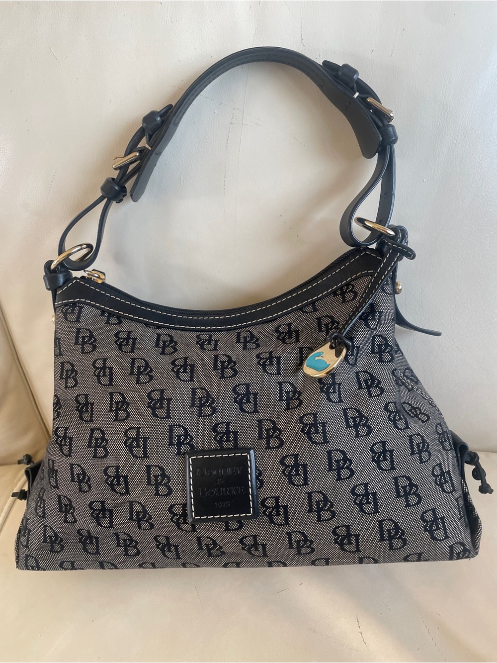 Dooney & Bourke Black and Gray Signature Jacquard Hobo Medium Satchel